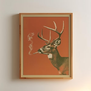 Buck Smoking a Cigarette Vintage Poster Art Funny Whitetail Deer Retro Whimsical Print Cabin Wall Decor Outdoor Sports Hunter Illustration
