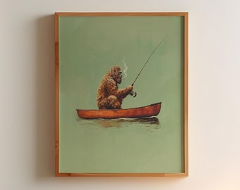 Big Foot Angeln im Kanu Vintage Poster Kunst Lustig Retro Sasquatch Druck Cabin Wall Decor Outdoor Sports Fischer Illustration Geschenk für Papa