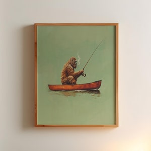 Big Foot Angeln im Kanu Vintage Poster Kunst Lustig Retro Sasquatch Druck Cabin Wall Decor Outdoor Sports Fischer Illustration Geschenk für Papa