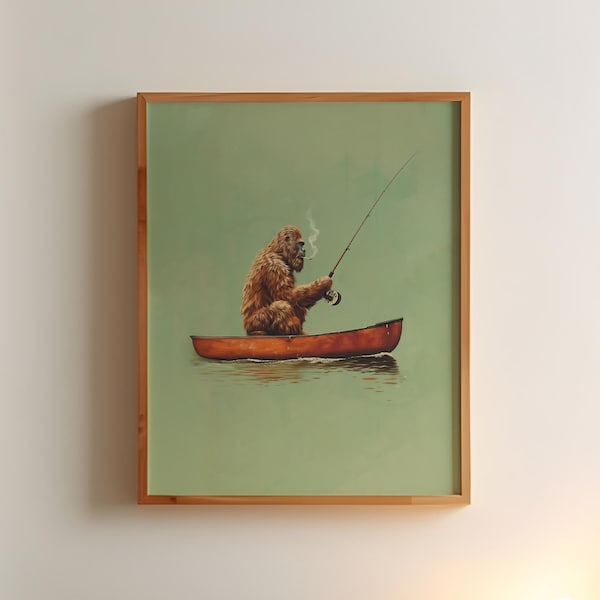 Big Foot Angeln im Kanu Vintage Poster Kunst Lustig Retro Sasquatch Druck Cabin Wall Decor Outdoor Sports Fischer Illustration Geschenk für Papa