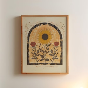 Sunflower and Roses Sun Art Poster Mystical Folk Art Illustration Flowery Spiritual Print Botanical Boho Wall Art Earth Tones Bedroom Decor