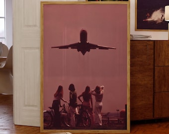 Women Watching Airplane Takeoff Photo Print Fine Art Photography Summer Y2K Photo Retro 1970s Nostalgia Wall Decor Pink Sunset Wall Art