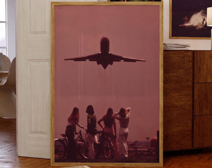 Women Watching Airplane Takeoff Photo Print Fine Art Photography Summer Y2K Photo Retro 1970s Nostalgia Wall Decor Pink Sunset Wall Art