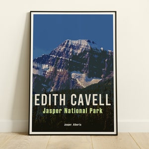 Affiche de voyage rétro du glacier Edith Cavell, art de l'Alberta dans le parc national Jasper, affiche des Rocheuses canadiennes, impression d'art mural randonnée Jasper au Canada