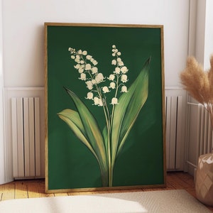 Impresión de dibujo de lirio de los valles vintage, decoración rústica de granja verde esmeralda, regalo de flor de nacimiento de mayo, arte de pared botánico floral minimalista