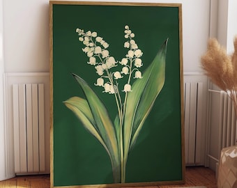 Vintage Lily of the Valley Drawing Print Emerald Green Rustic Farmhouse Decor May Birth Flower Gift  Minimalist Flowery Botanical Wall Art