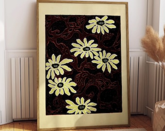 Japanese Woodblock Daisy Print, Vintage Floral Pattern Art, Dark Botanical Wall Decor, Art Nouveau Inspired Poster