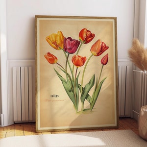 Vintage Tulips Print Antique Flower Illustration Botanical Painting Earth Tones Flowery Bedroom Decor Retro Tulip Poster Gift for Mom