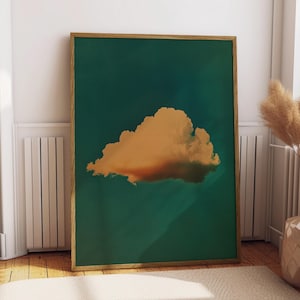 Pôster retrô fofo de nuvem no céu abstrato minimalista impressão de arte de parede verde esmeralda ilustração impressão arte de parede decoração de quarto temperamental