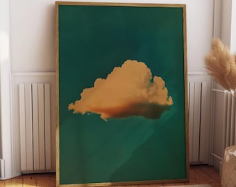 Retro Fluffy Cloud in the Sky Poster Abstract Minimalist Wall Art Print Emerald Green Illustration Print Wall Art Moody Bedroom Decor