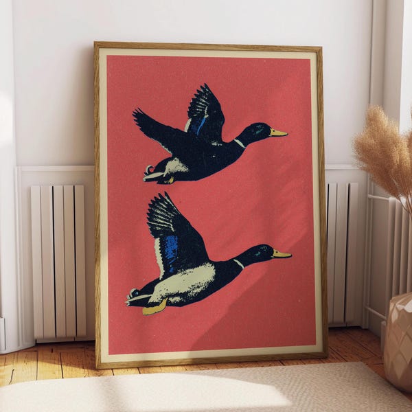 Retro popart print vliegende eend, vintage buiten tijdschrift poster, hut huisje kunst aan de muur, watervogels eend jacht poster voor papa