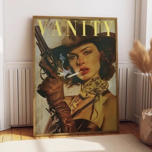 Vintage cowgirl com uma arma cartaz retro mulher fumando um cigarro arte da parede badass bestie eclético arte da parede engraçado retro decoração da parede