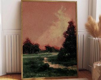 Vintage Pink Surreal Landscape Oil Painting Print, Rustic 1800s Painting, Forest Painting Wall Decor, Antique Art, Scenery Wall Art