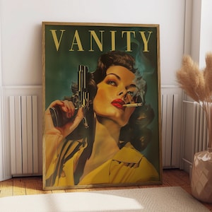 Vintage Woman With a Gun Poster Retro Woman Smoking a Cigarette Wall Art Badass Bestie Eclectic Wall Art Funny Retro Wall Decor