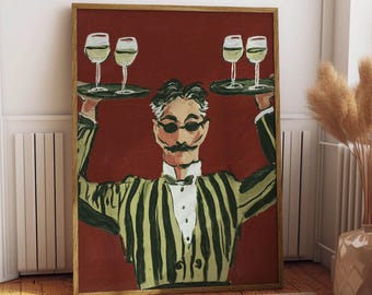 Vintage Waiter Oil Painting Print, Vintage Beverage Poster, Bar Wall Decor, Retro Wine Glass Poster, Funny Kitchen Wall Decor, Cafe Wall Art