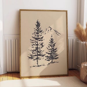 Impression d'art mural pin forêt, dessin de paysage de montagnes Rocheuses, affiche minimaliste d'épicéa, décoration extérieure rustique