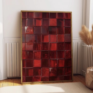 Red Tile Pattern Print, Bold Crimson Glossy Ceramic Grid Wall Art, Deep Ruby Glass Tile Poster, Maximalist Red Abstract Decor, Bold Colour