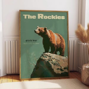 Pôster retrô vintage com estampa de urso pardo, ideal para caça, viagens, decoração de parede para cabana ou chalé, perfeito para fãs de esportes nas Montanhas Rochosas e para presentear o pai.