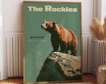 Vintage Grizzly Bear Print Retro Hunting Poster Outdoors Poster Travel Poster Cabin Cottage Wall Art Rocky Mountains Sports Dad For him Gift