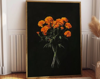 Vintage Orange Marigolds Oil Painting Black Gothic Antique Flower Print Illustration Botanical Farmhouse October Birth Flower Birthday Gift