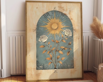 May include: A vintage-style illustration of a sun with rays, surrounded by three white roses with green leaves, all set against a blue background. The image is framed in a wooden frame.