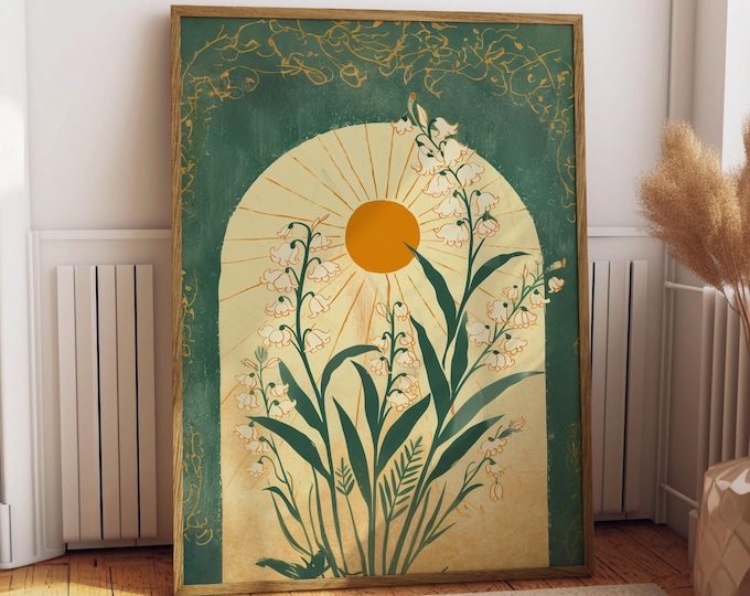 Lily of the Valley Emerald Green Sun Art Poster Mystical Folk Art Illustration Taurus Sign Flowery Spiritual Print Botanical Boho Wall Art