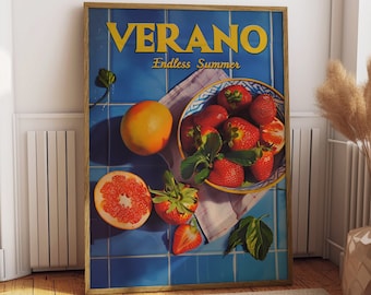 Vintage Verano Poster Print for Kitchen Endless Summer Art for Beach House Poster Retro Psychedelic Trippy Illustration