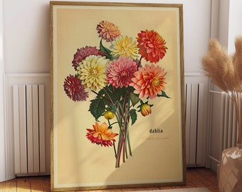 Vintage Bouquet of Dahlias Print Antique Flower Illustration Botanical Painting Earth Tones Flowery Bedroom Decor Retro Poster Gift for Mom
