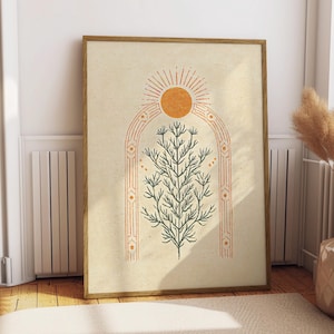 Impresión bohemia de sol y plantas, arte mural minimalista celestial, póster botánico vintage de arco, decoración natural en tonos tierra, impresión artística de sol místico