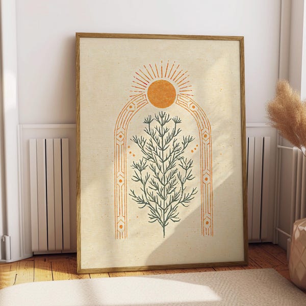 Impresión bohemia de sol y plantas, arte mural minimalista celestial, póster botánico vintage de arco, decoración natural en tonos tierra, impresión artística de sol místico