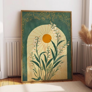 Lily of the Valley Emerald Green Sun Art Poster Mystical Folk Art Illustration Taurus Sign Flowery Spiritual Print Botanical Boho Wall Art