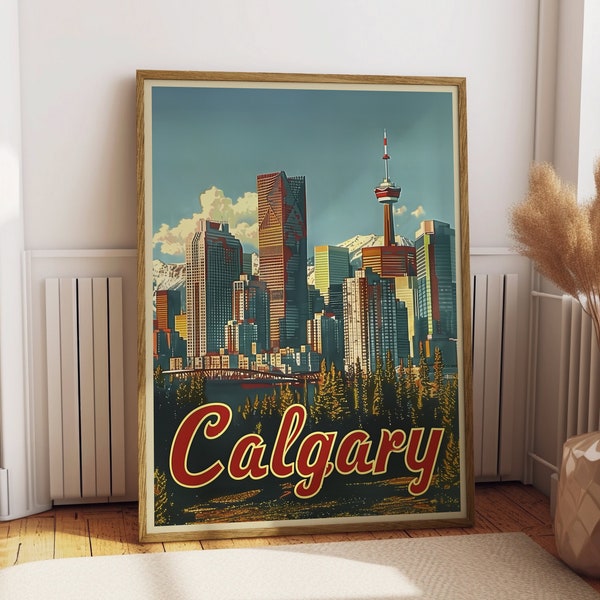 Calgary Travel Poster Downtown Calgary Alberta Canada Print Vintage Calgary Tower Poster Peace Bridge Poster City Skyline Poster