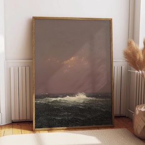 Vintage olieverfschilderij van oceaangolven, poster zeegezicht van de jaren 1800, roze luchtschildering, rustieke antieke muurkunst, fine art poster, Cottagecore Art