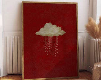 Minimalist Rain Cloud Poster, Moody Gothic Wall Art, Rustic Red Print, Dark Academia Decor, Cloud Aesthetic Artwork, Textured Artwork