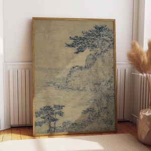 Vintage Japanese Sketch Print, Antique Nature Landscape Poster, Minimalist Coastal Poster, Moody Wall Art, Rustic Farmhouse Decor