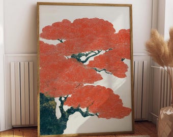 Japanese Bonsai Tree Print, Vintage Ukiyo-e Style Wall Art, Minimalist Tree Poster, Asian Inspired Sakura Decor, Japanese Woodblock Art