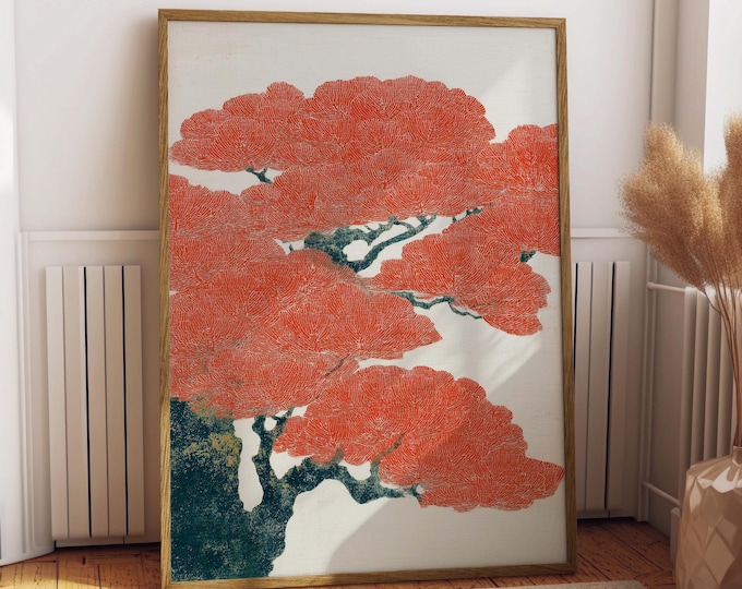 Japanese Bonsai Tree Print, Vintage Ukiyo-e Style Wall Art, Minimalist Tree Poster, Asian Inspired Sakura Decor, Japanese Woodblock Art