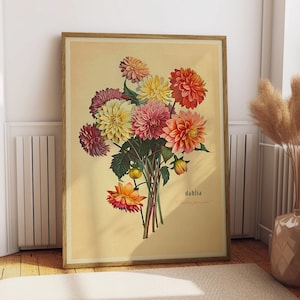 Bouquet vintage di dalie stampa illustrazione di fiori antichi pittura botanica toni della terra arredamento fiorito per la camera da letto poster retrò regalo per la mamma