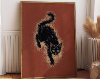 Vintage peinture à l'huile de chat noir, illustration d'impression d'art, art animalier, affiche de chat rétro, art mural fantaisiste, affiche pour chariot de bar