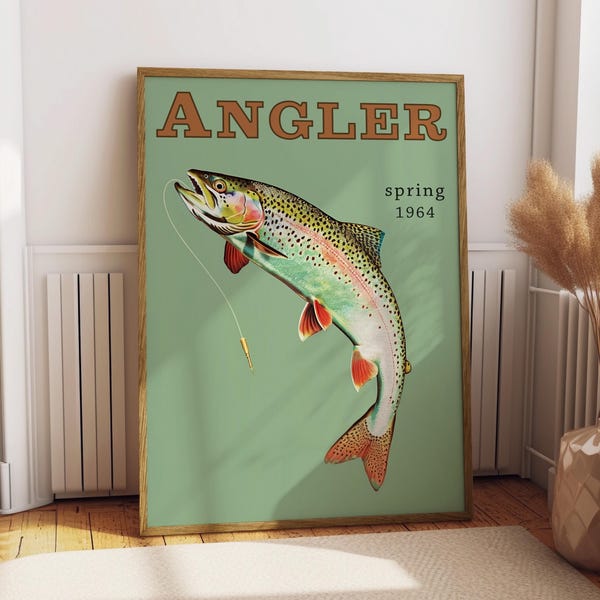 Trout Fly Fishing Vintage Poster Art Retro Travel Poster Cabin Wall Decor Outdoor Sports Fisherman Illustration Father's Day Gift for Dad