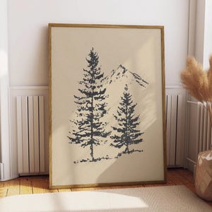 Forest Pine Tree Wall Art Print, Rocky Mountain Landscape Drawing, Minimalist Spruce Tree Poster, Rustic Outdoors Decor