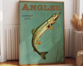 Impresión vintage de pesca de lucio del norte, póster de viaje retro, arte mural de cabaña, pescador deportivo al aire libre, regalo para papá.