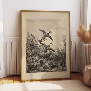 Vintage Duck Etching Print, Antique Hunting Artwork, Black and White Wildlife Engraving, Rustic Lodge Wall Art