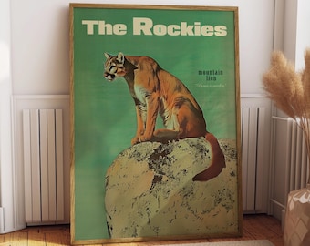 Vintage Mountain Lion Print, Retro Outdoors Poster, Cougar Poster, Cabin Cottage Wall Art, Outdoor Sports, Dad For him Gift, Rocky Mountains