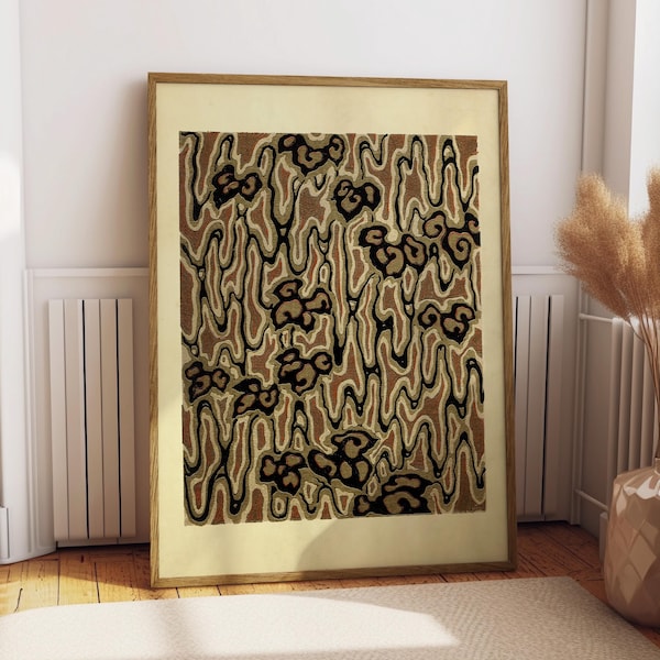 Brown Abstract Woodblock Pattern Print,  Earth Tone Floral Design, Japanese Art Nouveau Style Wall Art, Retro Organic Home Decor