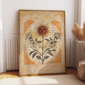 Sun Art Poster Mystical Folk Art Illustration Flowery Spiritual Print Botanical Rose Boho Wall Art Earth Tones Flowery Bedroom Decor