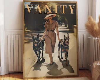 Vintage Vogue Styled Magazine Poster, Fashion Art, Beauty Catalogue Poster, Fashion Magazine Wall Art Print, Vogue Art Print, Dog Walking