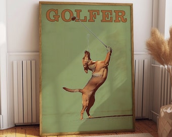 Funny Dog Golfing Print Vintage Golfing Poster Bar Wall Decor Retro Poster for Man Cave Dog Wall Art Poster for Games Room Gift For Golfer
