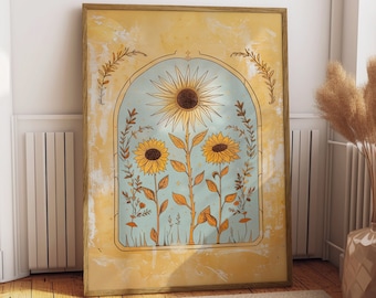 Zonnebloem zon kunstposter mystieke volkskunst illustratie bloemrijke spirituele print botanische boho muur kunst aardetinten bloemrijke slaapkamer decor