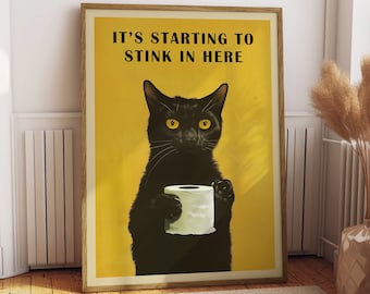 Funny Black Cat Bathroom Wall Art Poster Stinky Pooping Cat Holding Toilet Paper Yellow Vintage Humor Art Illustration